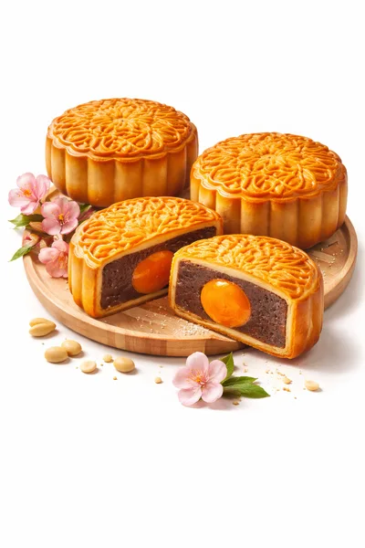 Traditional Mooncakes With Salted Egg Yolk On Wooden Tray