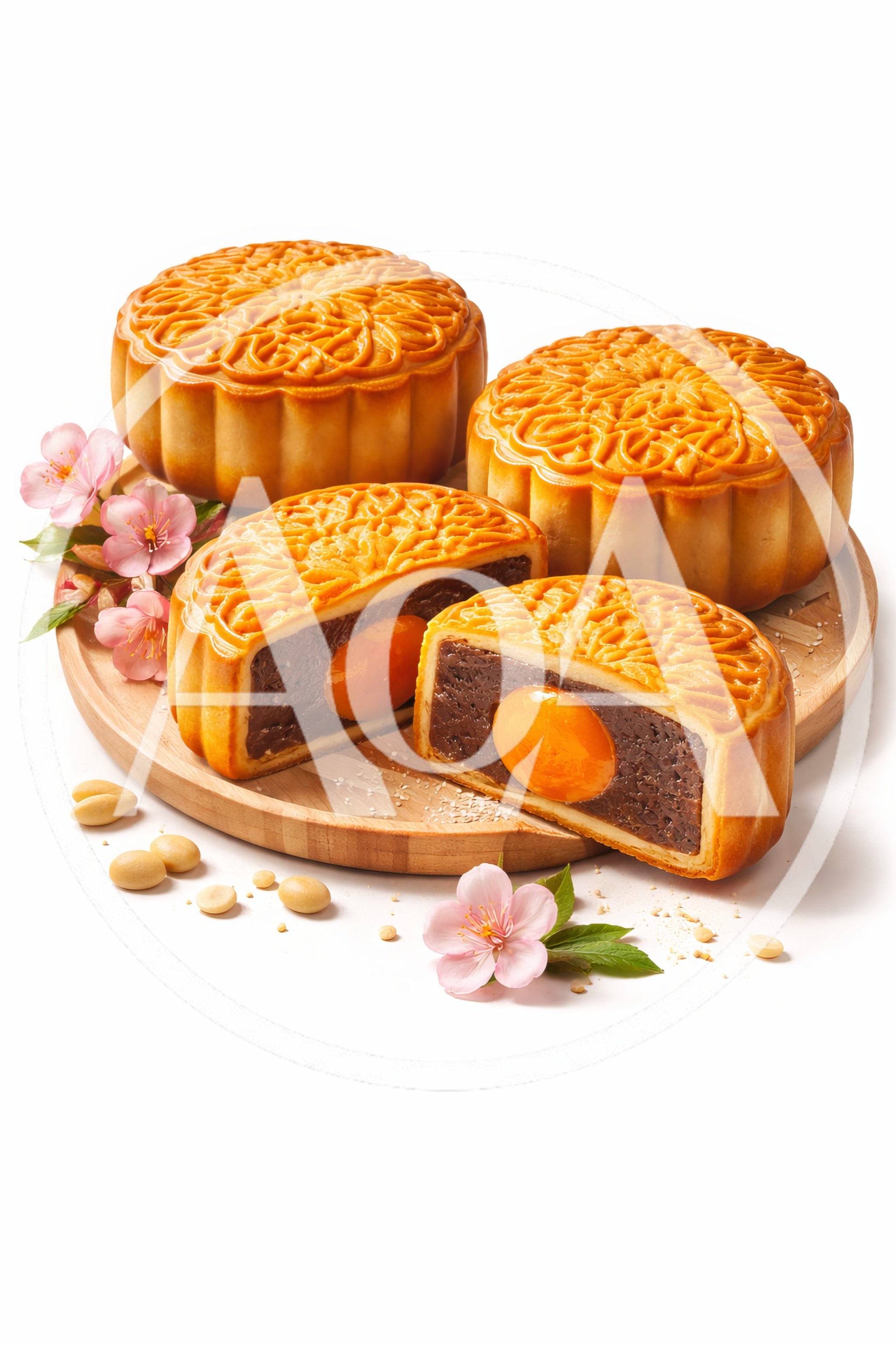 Traditional Mooncakes With Salted Egg Yolk On Wooden Tray