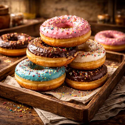 Assorted Glazed Donuts With Sprinkles On Wooden Tray