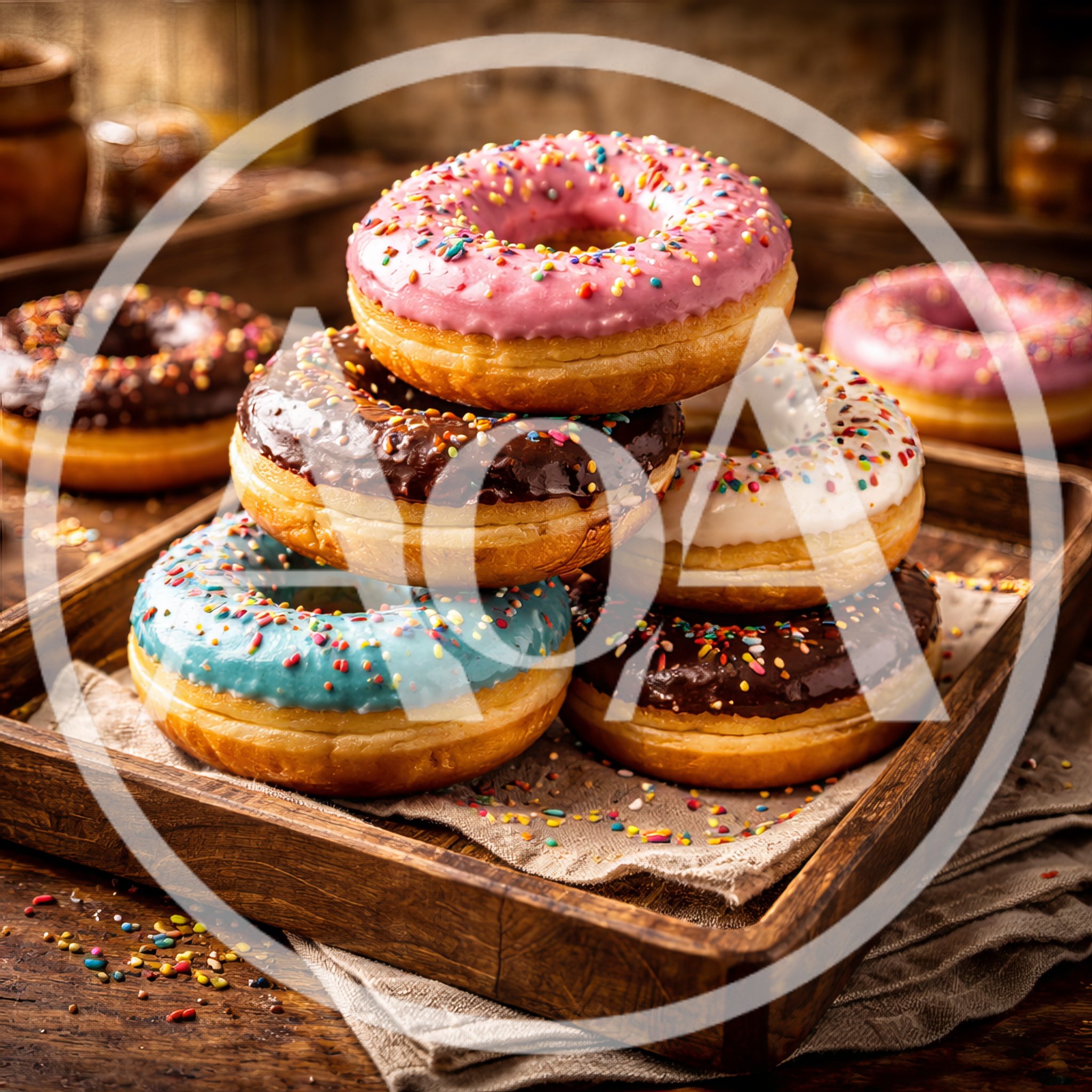 Assorted Glazed Donuts With Sprinkles On Wooden Tray