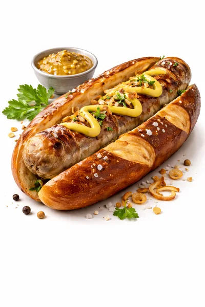 Bratwurst Sausage in Pretzel Bun with Mustard