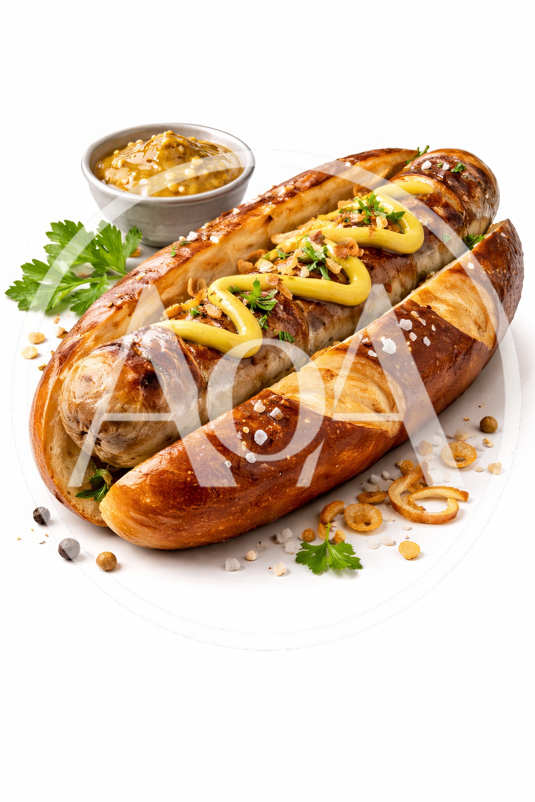 Bratwurst Sausage in Pretzel Bun with Mustard