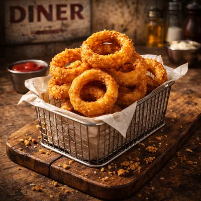 Crispy Golden Onion Rings In A Metal Serving Basket