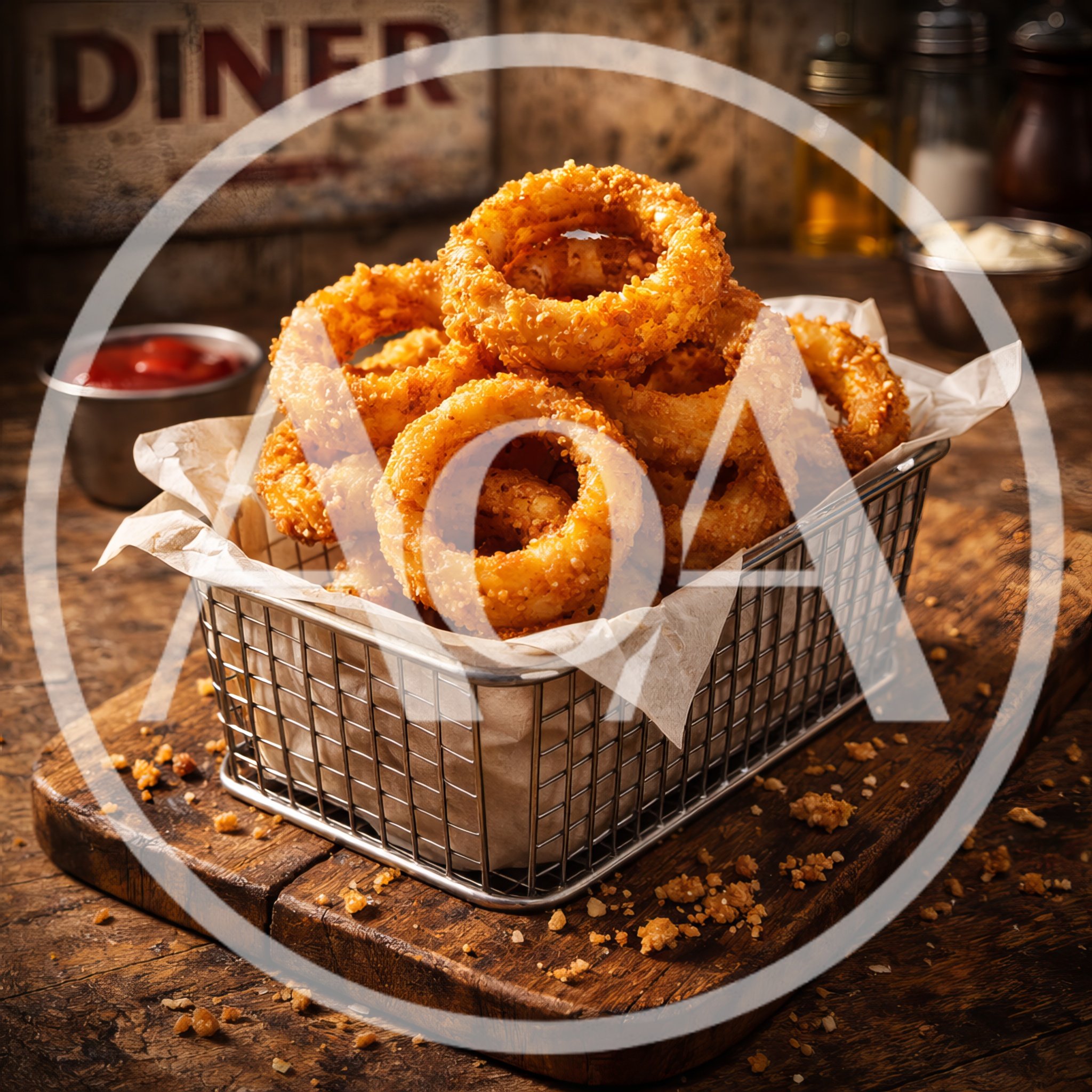 Crispy Golden Onion Rings In A Metal Serving Basket