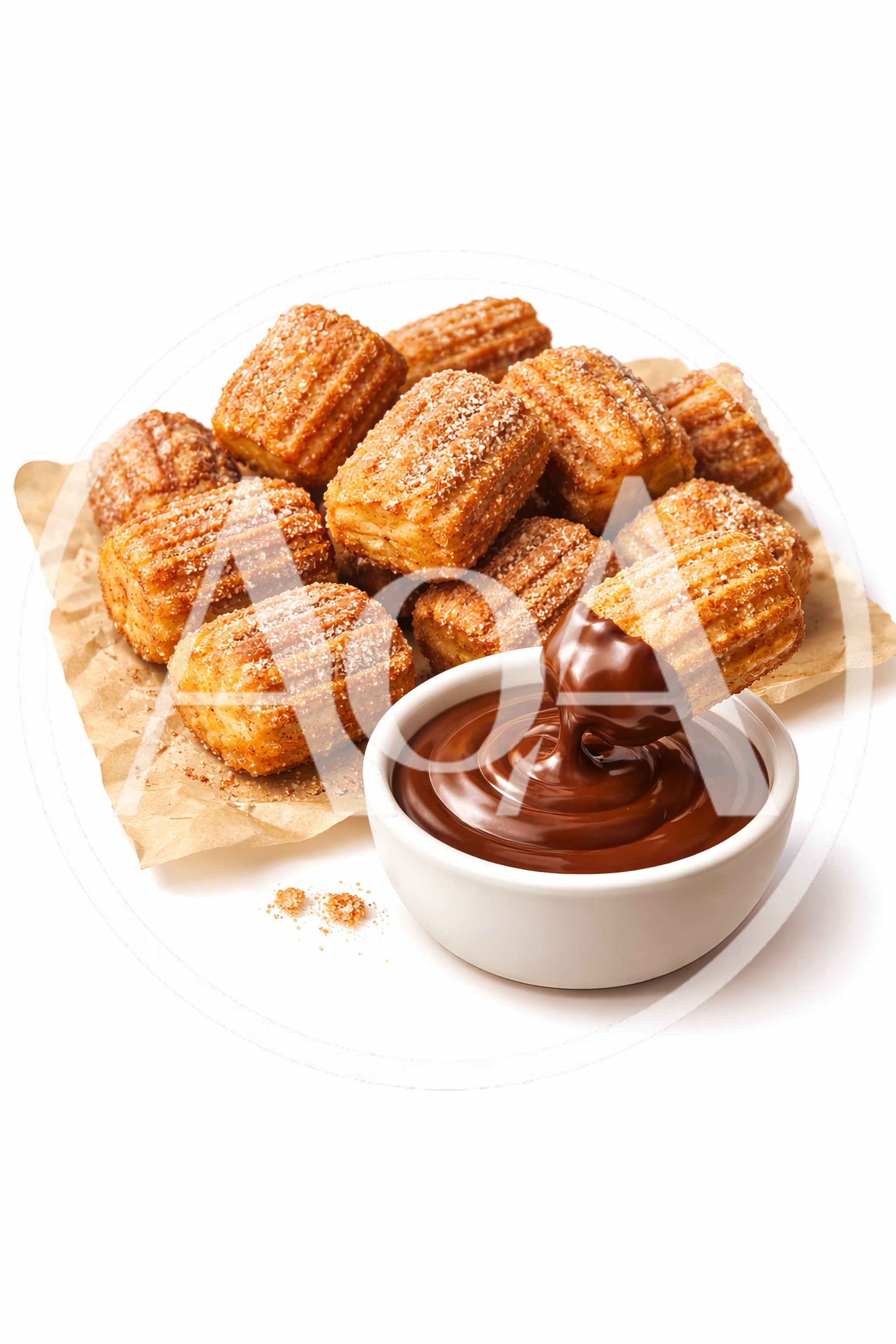 Churros Dipped In Chocolate Sauce On Parchment Paper