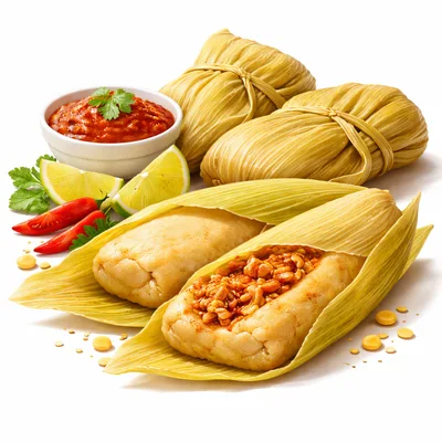 Traditional Mexican Tamales Served With Salsa And Lime