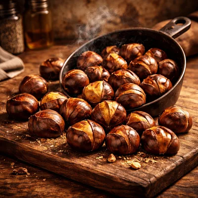 Roasted Chestnuts Served In A Cast Iron Skillet