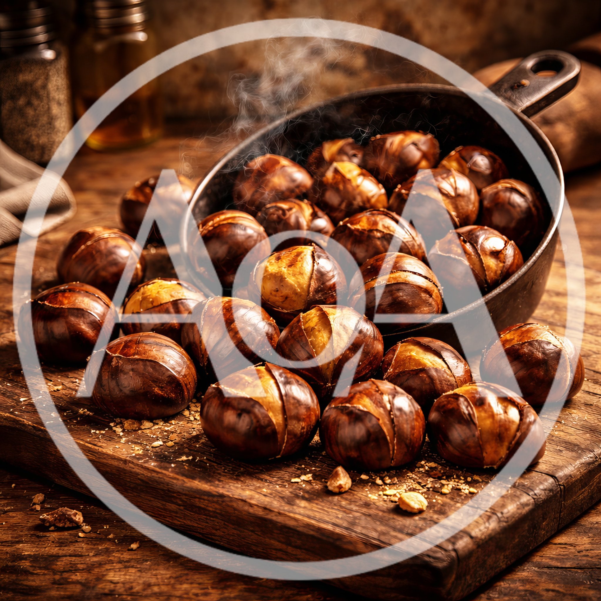 Roasted Chestnuts Served In A Cast Iron Skillet