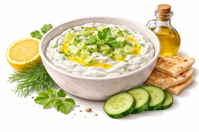 Bowl Of Tzatziki With Cucumber And Pita Bread