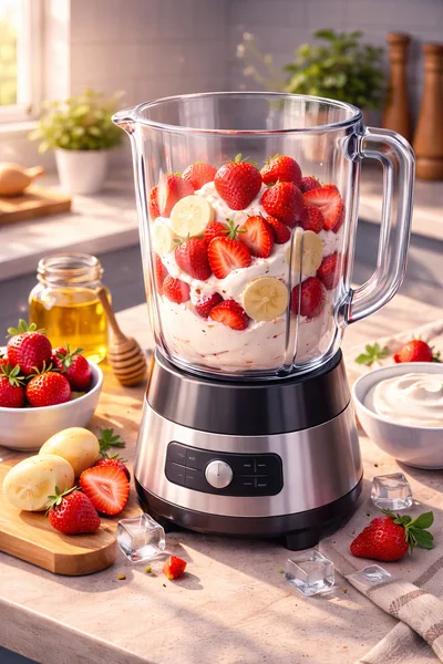Blender Filled With Fresh Strawberries And Yogurt