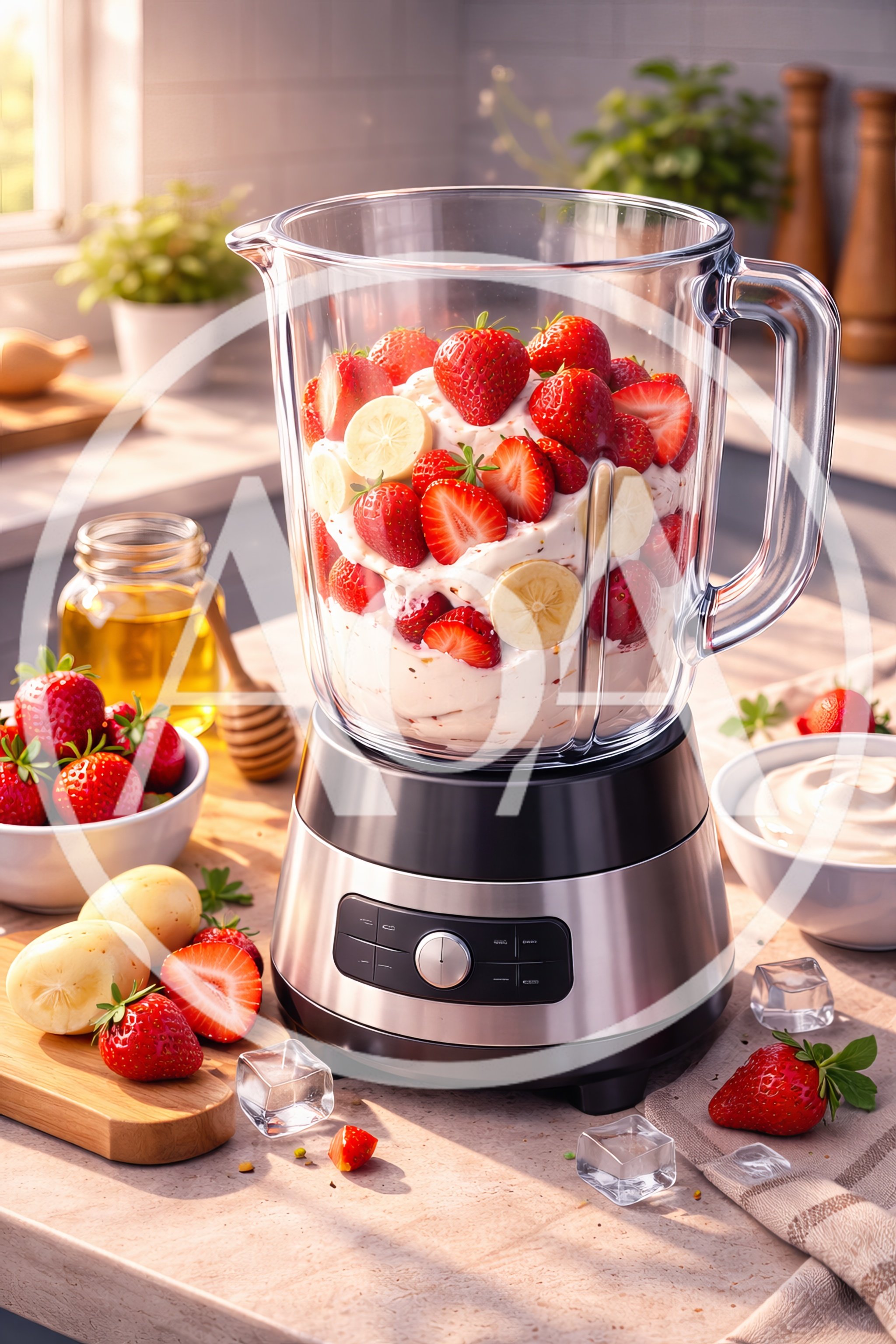 Blender Filled With Fresh Strawberries And Yogurt