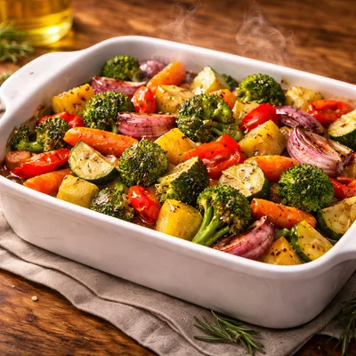 Roasted Vegetable Medley in White Ceramic Baking Dish
