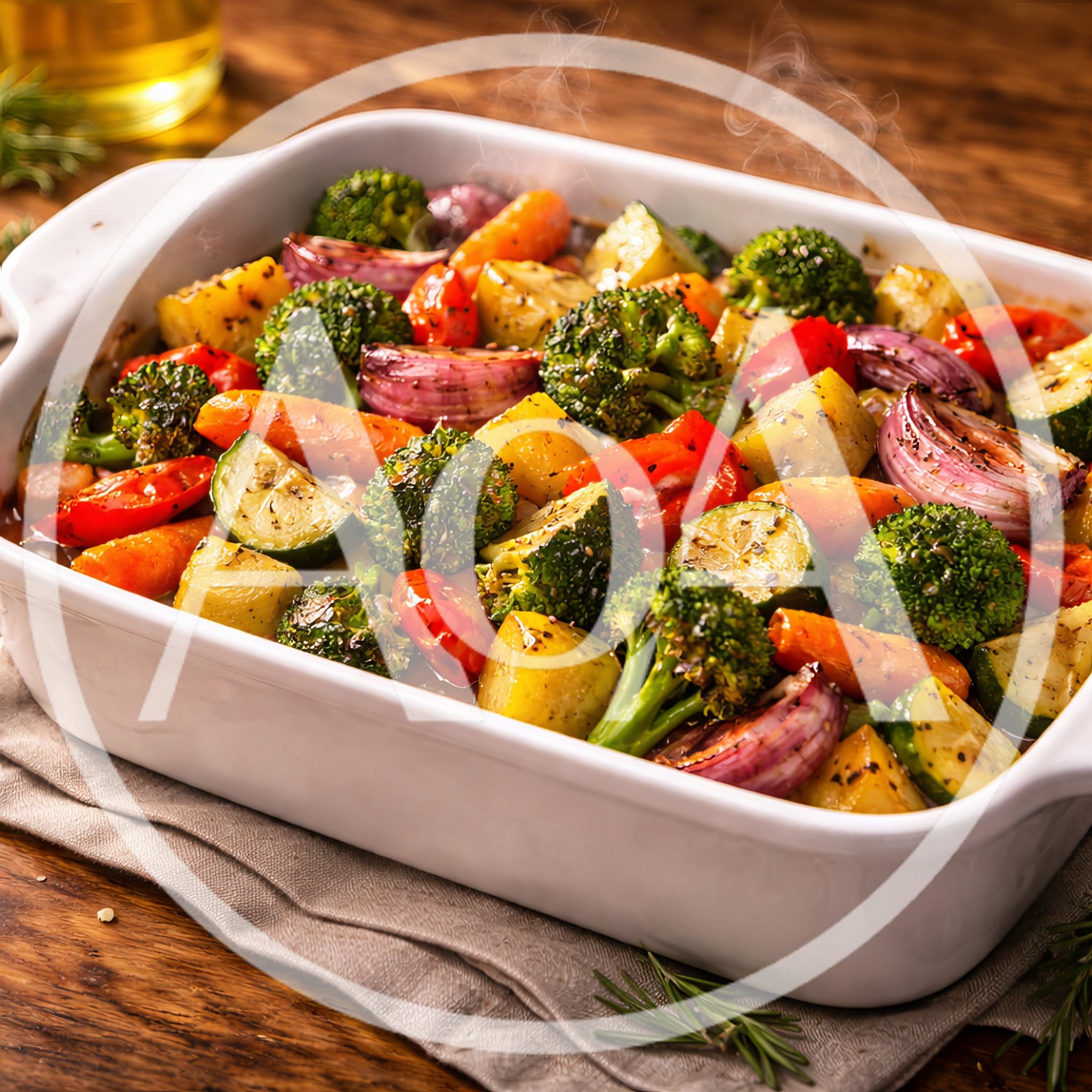 Roasted Vegetable Medley in White Ceramic Baking Dish