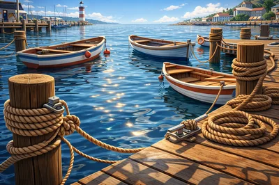Small Wooden Rowboats Moored at a Sunny Harbor Pier