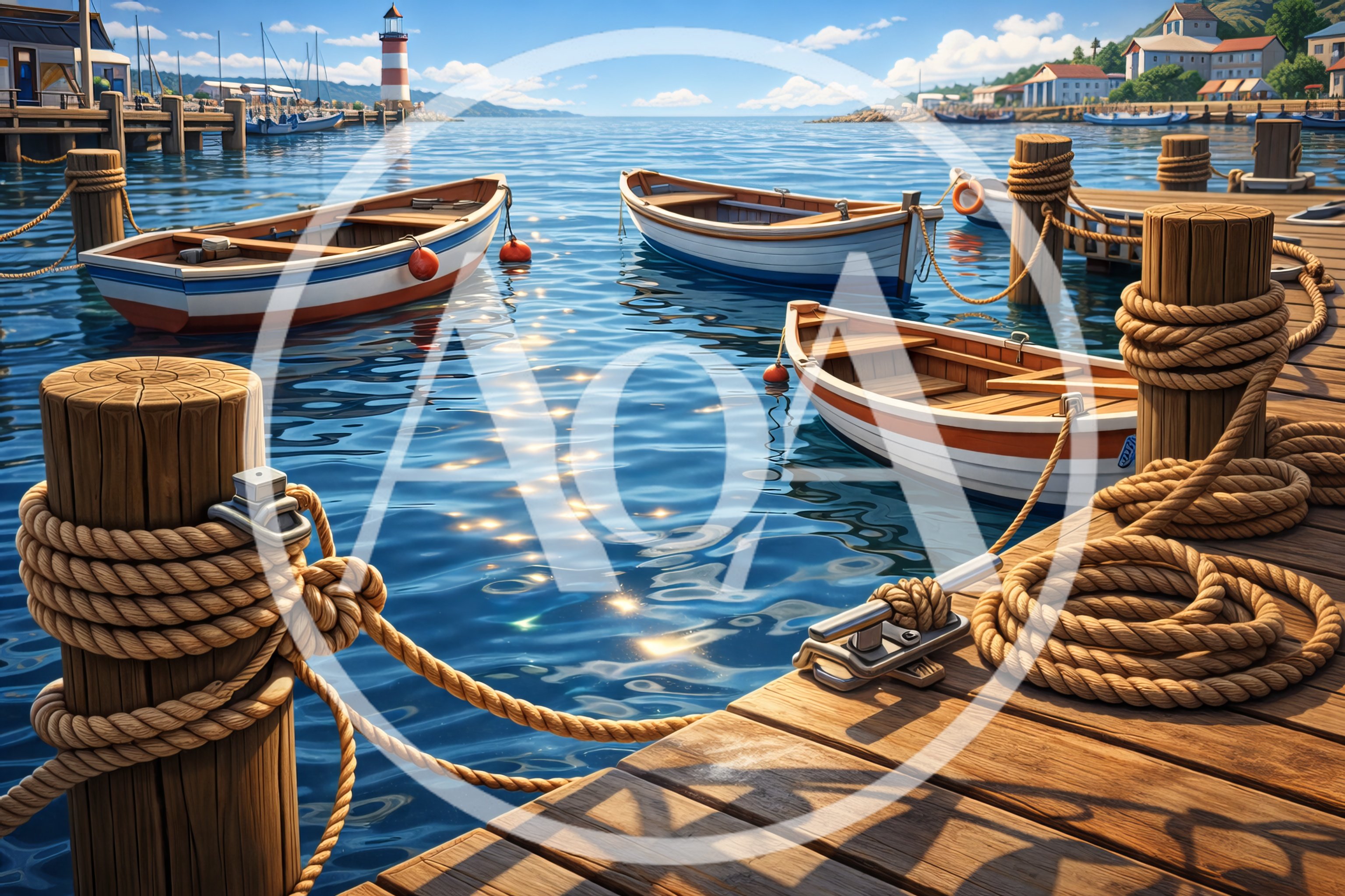 Small Wooden Rowboats Moored at a Sunny Harbor Pier