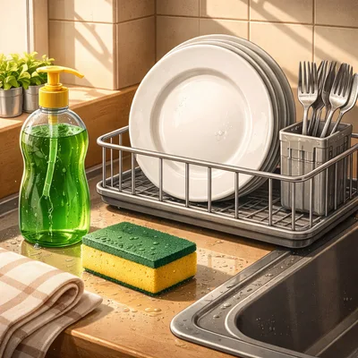Dishwashing Supplies And Clean Plates On Kitchen Counter