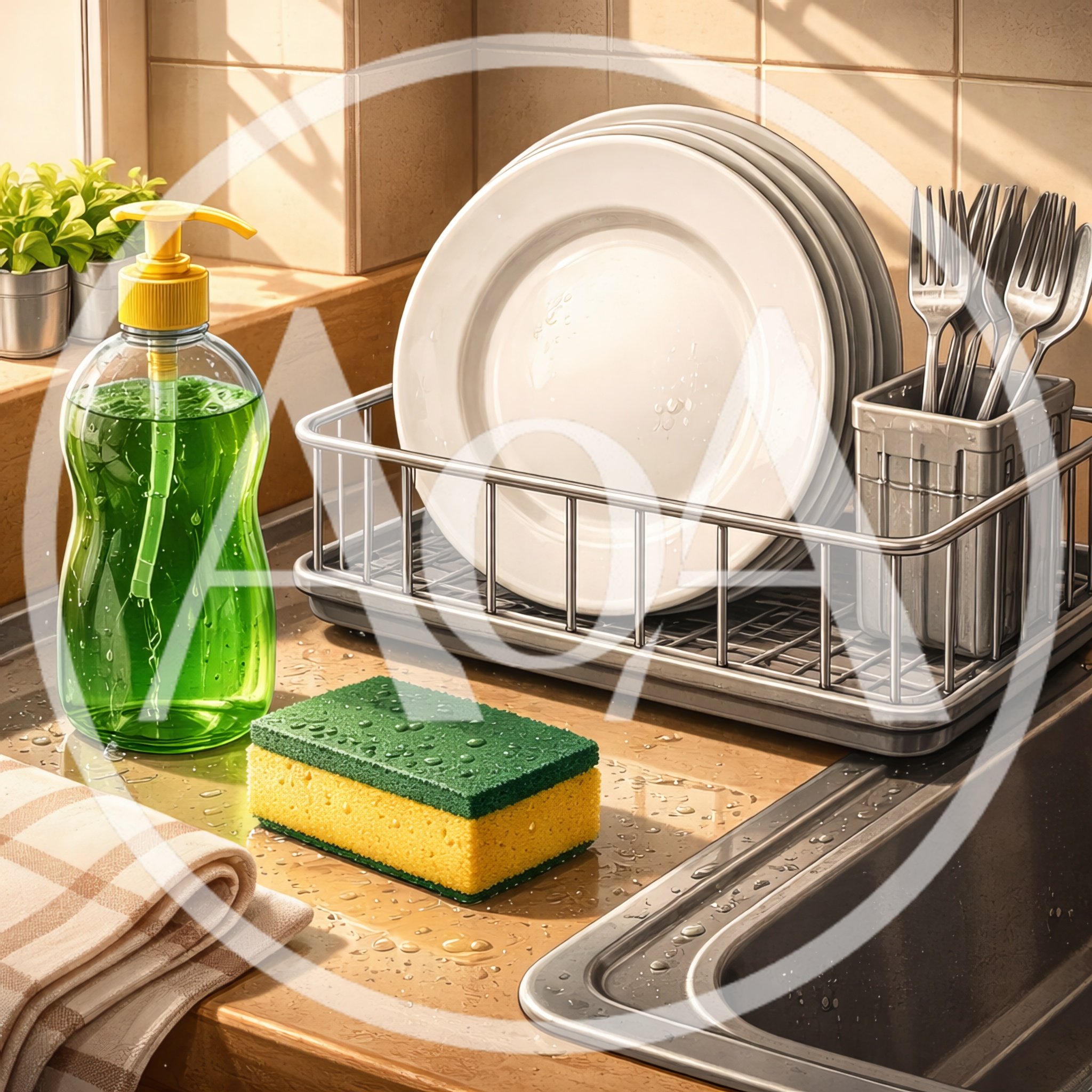 Dishwashing Supplies And Clean Plates On Kitchen Counter