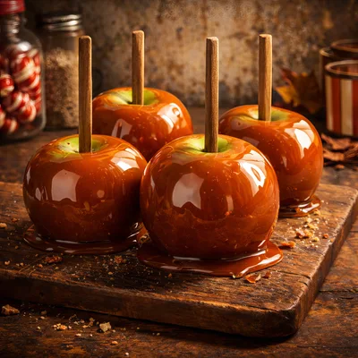 Four Caramel Apples on a Rustic Wooden Board