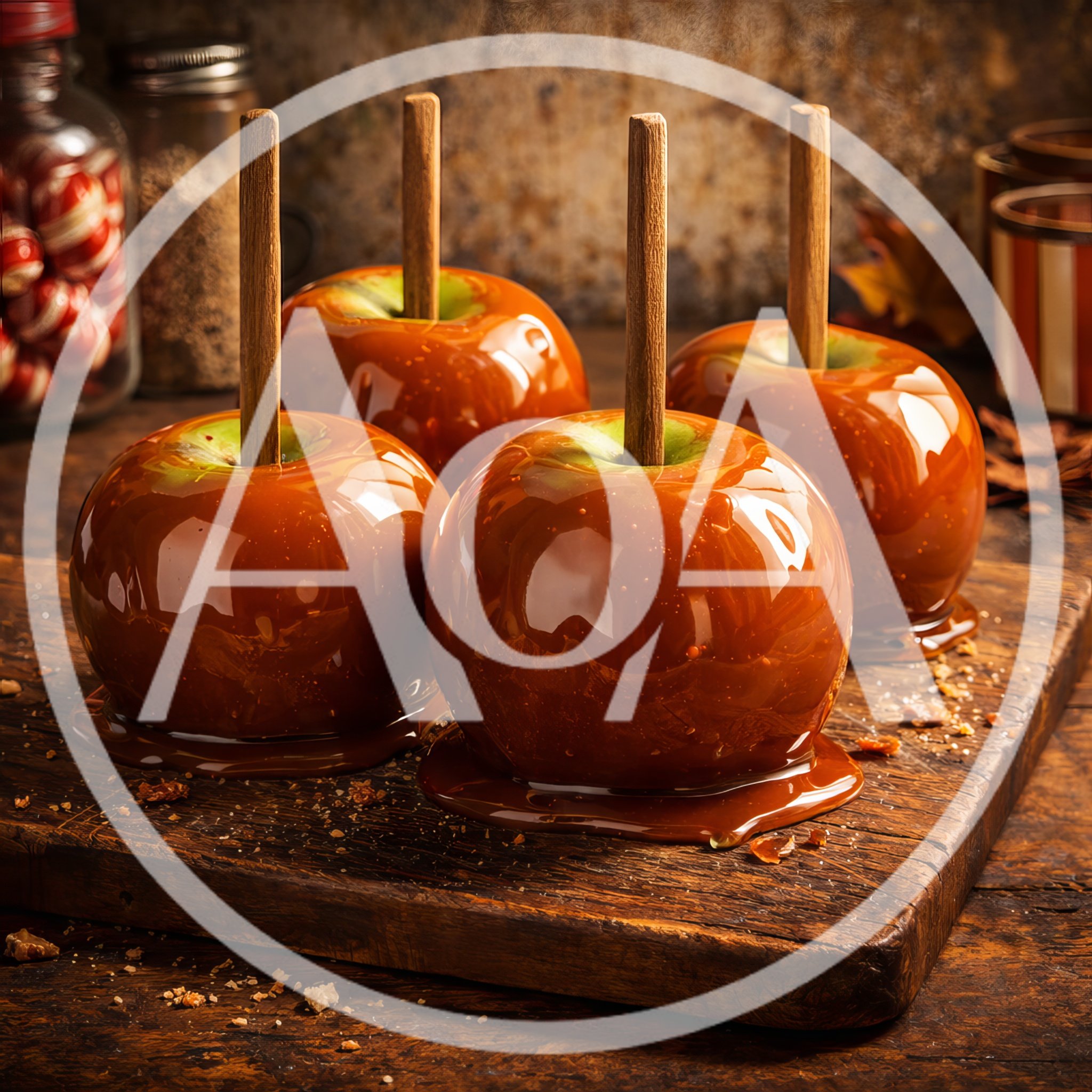 Four Caramel Apples on a Rustic Wooden Board