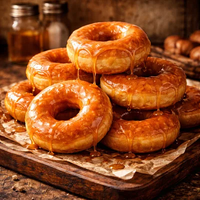 Stack of Glazed Caramel Donuts on Wooden Board