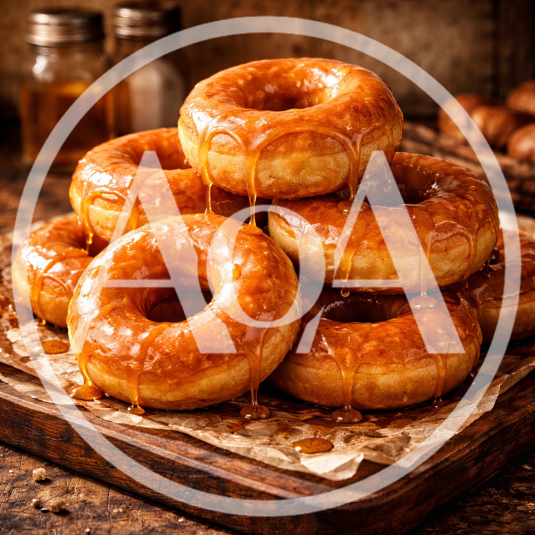 Stack of Glazed Caramel Donuts on Wooden Board