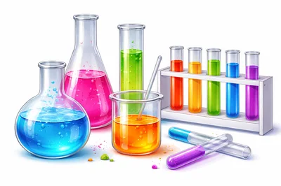 Laboratory Glassware With Colorful Chemical Solutions