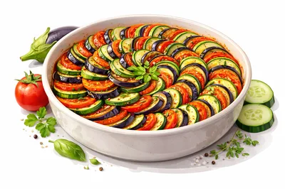 Fresh Ratatouille Vegetable Casserole In A White Dish