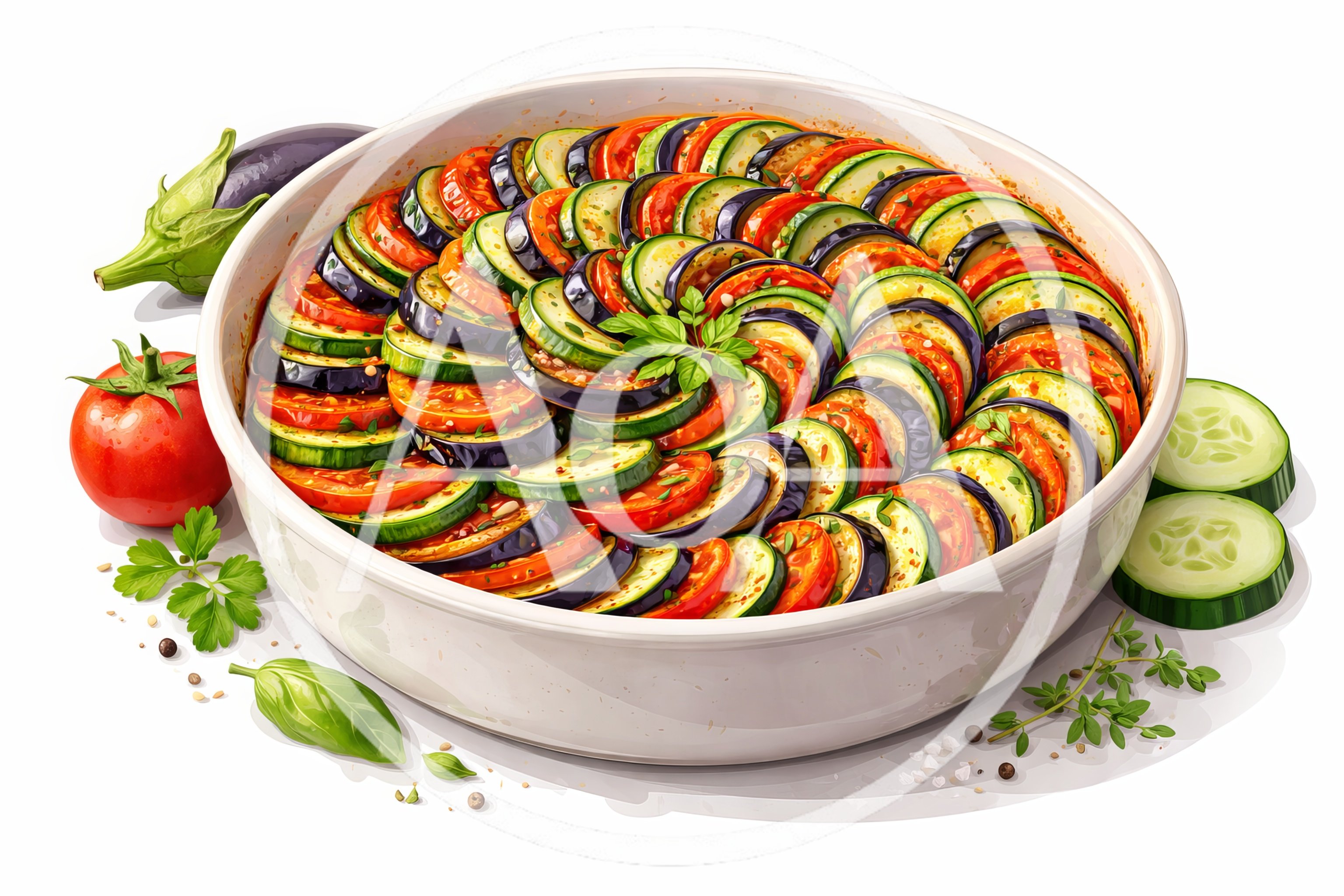 Fresh Ratatouille Vegetable Casserole In A White Dish