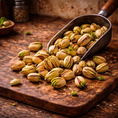 Pistachios Spilling From A Metal Scoop On Wood