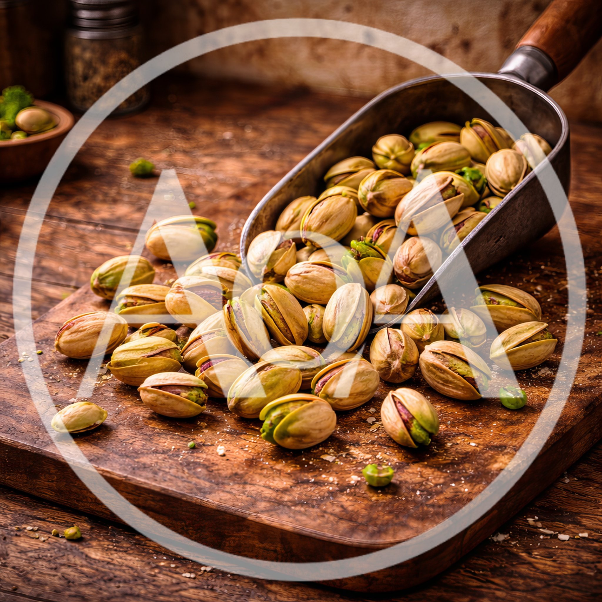 Pistachios Spilling From A Metal Scoop On Wood