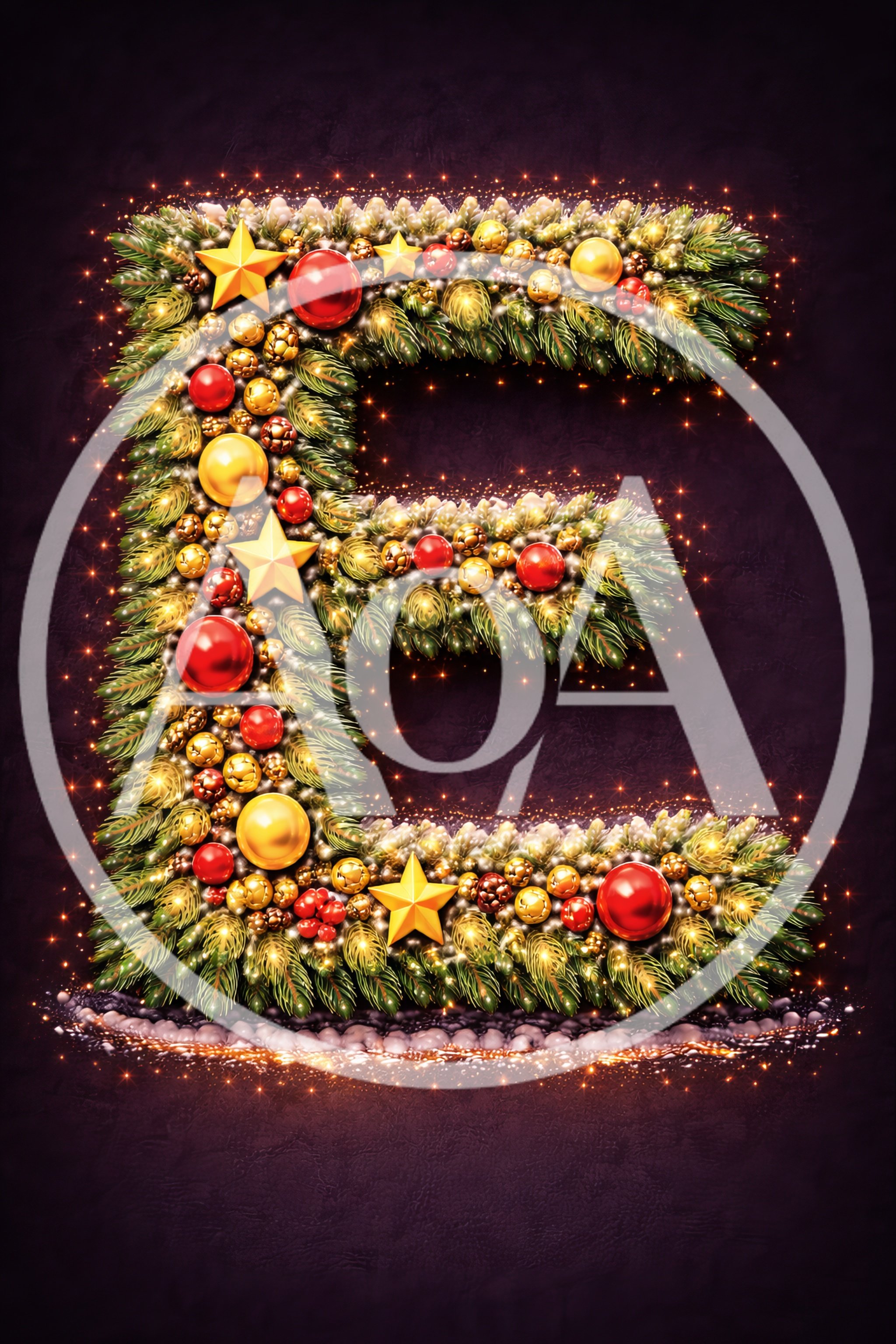 Christmas Letter E Decorated With Ornaments And Pine