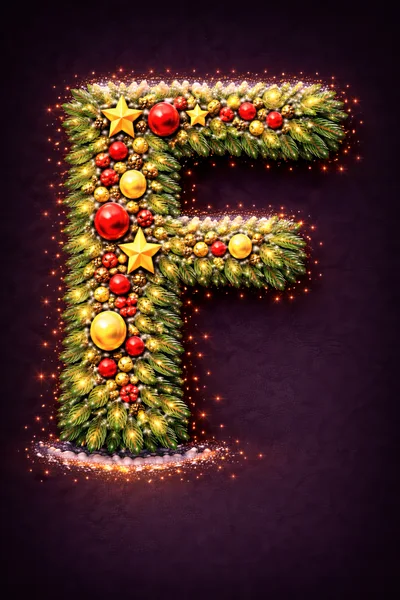 Christmas Letter F Decorated With Ornaments And Pine Branches