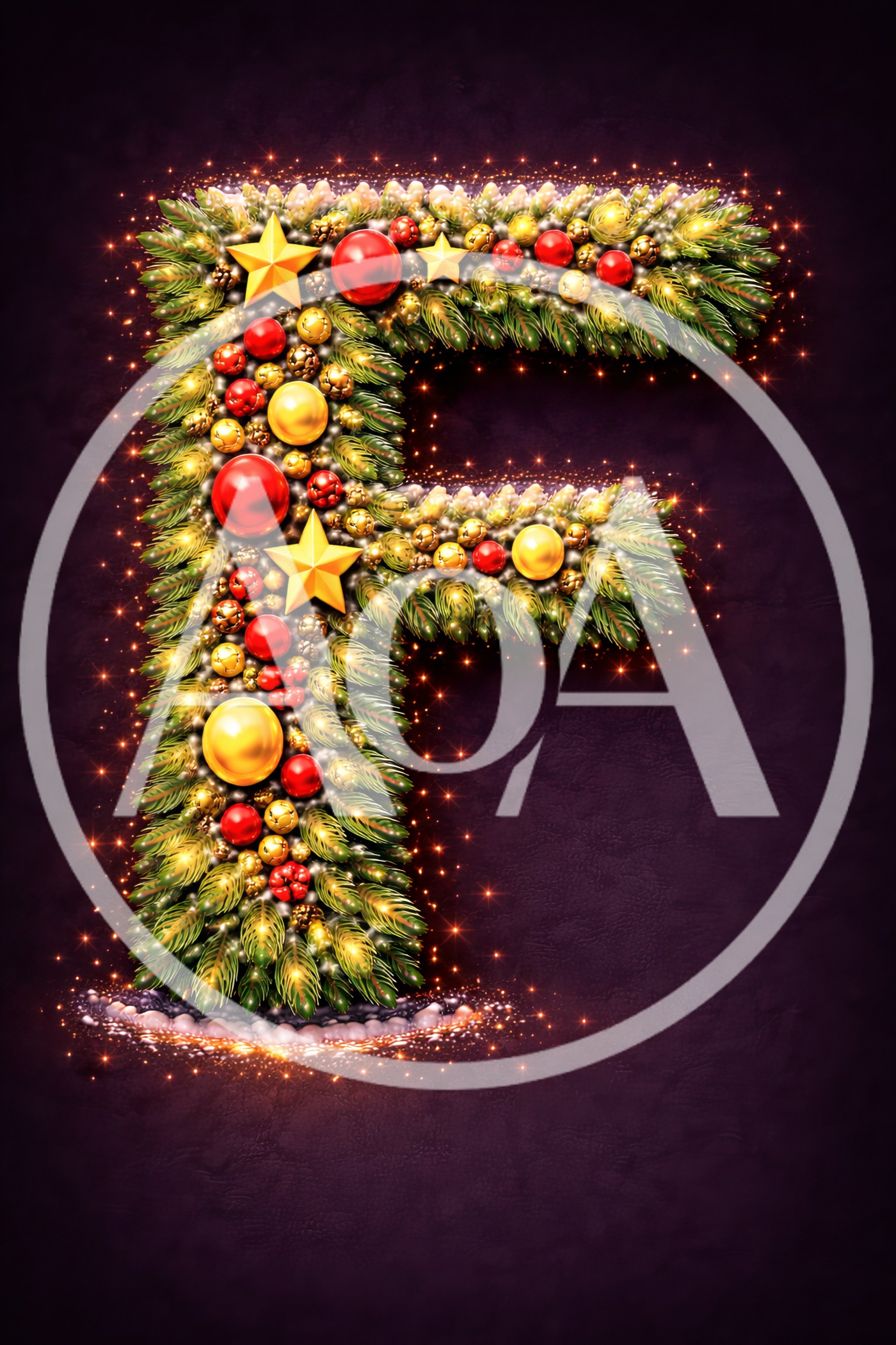 Christmas Letter F Decorated With Ornaments And Pine Branches