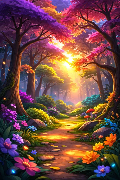 Enchanted Forest Path With Vibrant Flowers And Sunlight