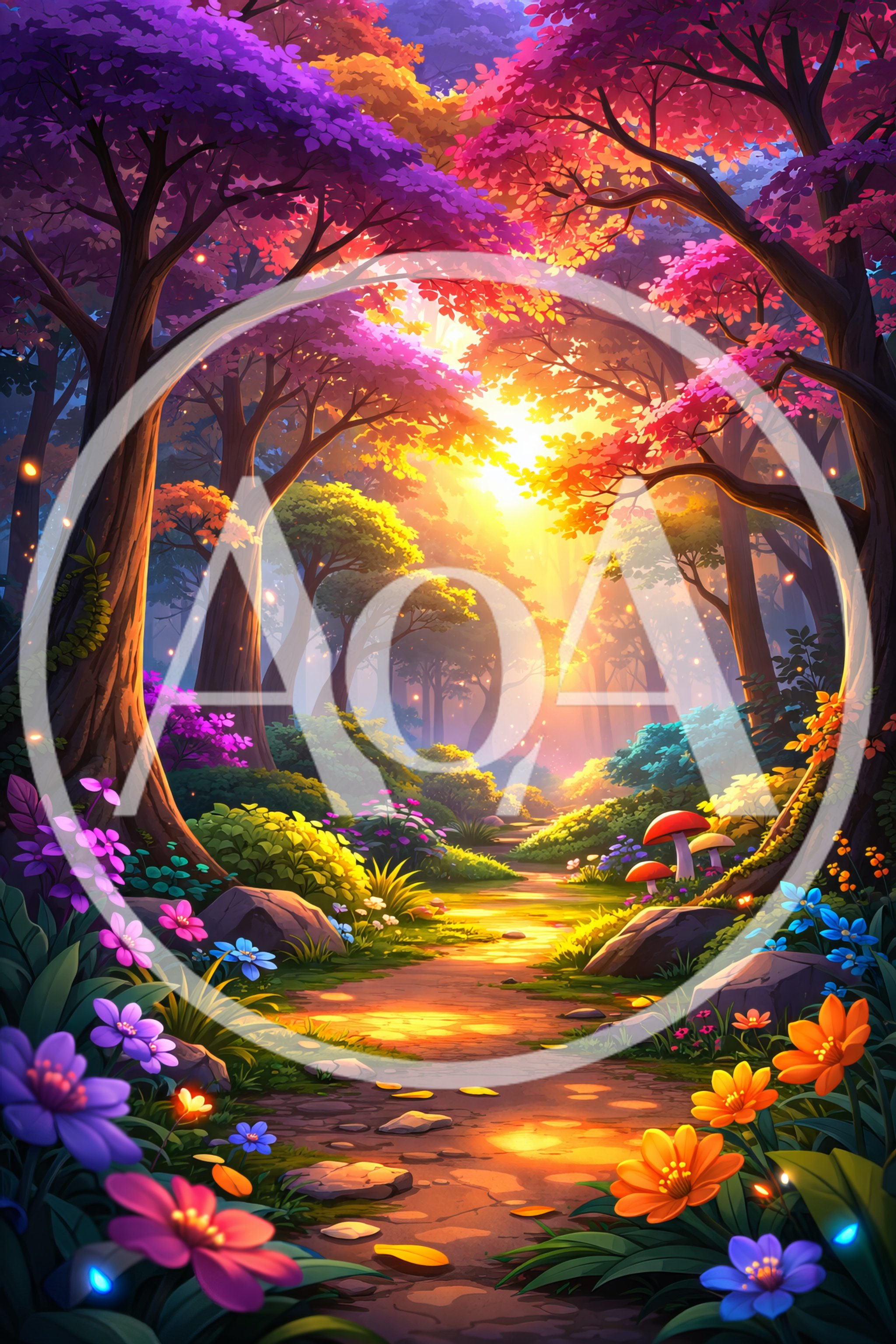 Enchanted Forest Path With Vibrant Flowers And Sunlight