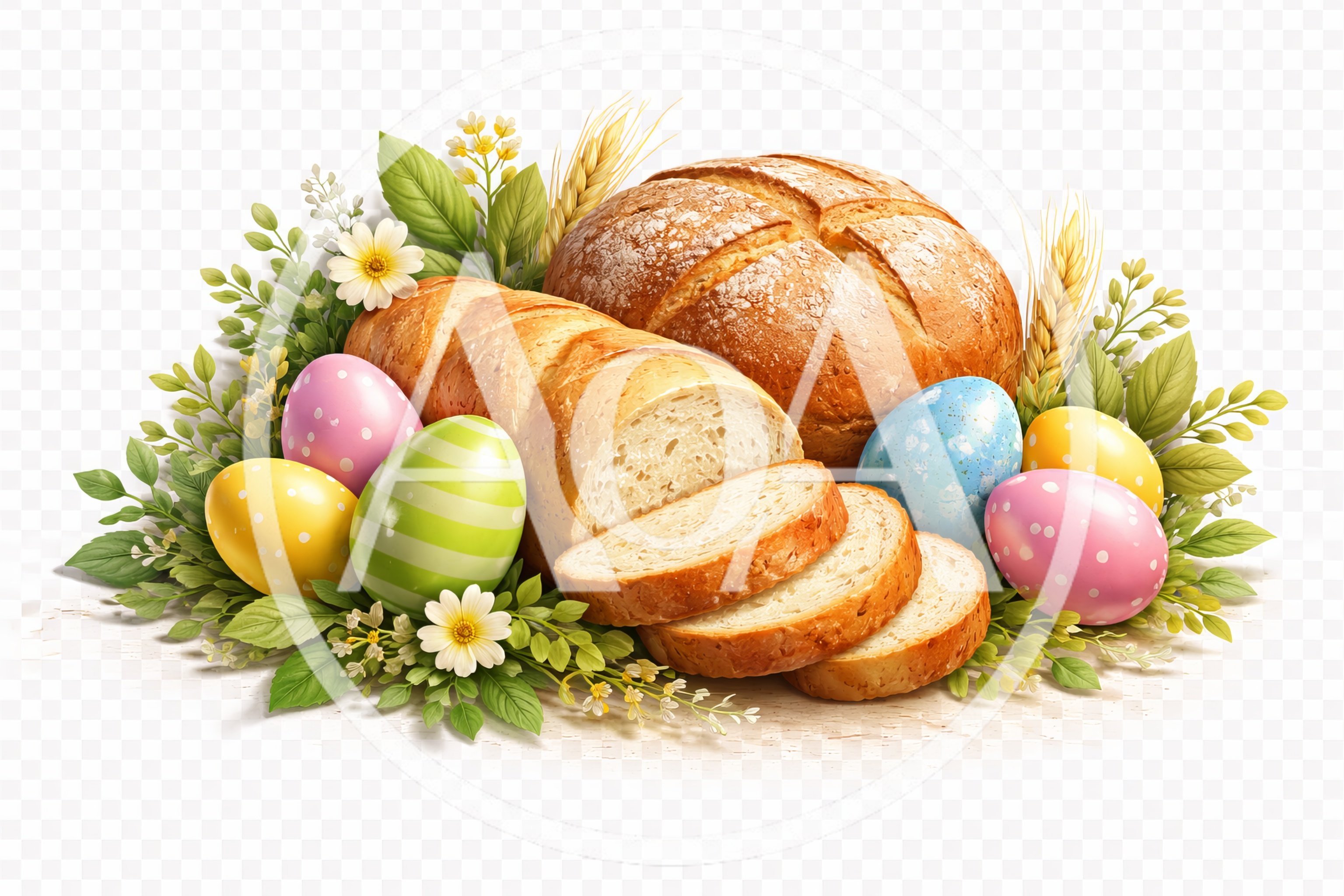 Easter Bread Loaf With Colorful Decorated Eggs
