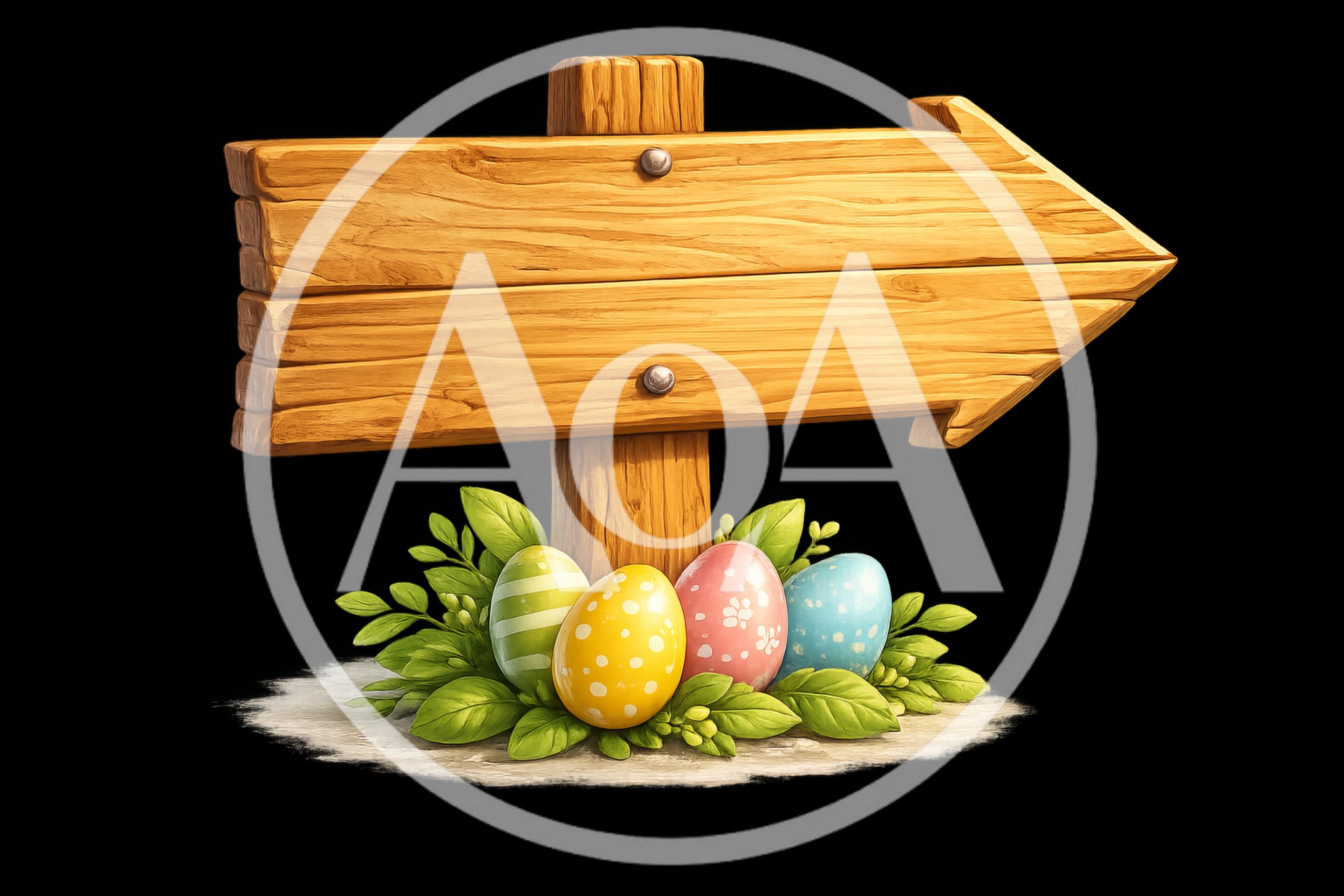 Wooden Arrow Sign With Easter Eggs And Greenery