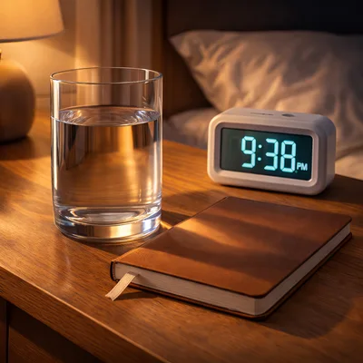 Glass Of Water And Notebook On Nightstand
