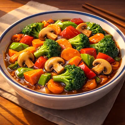 Stir Fried Vegetables With Mushrooms In A Bowl