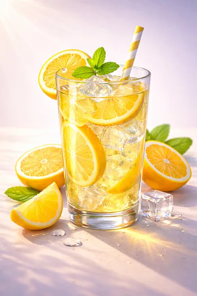 Refreshing Lemonade With Ice And Mint In Glass
