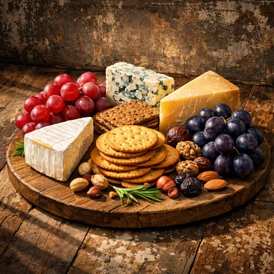 Gourmet Cheese Board With Grapes And Crackers