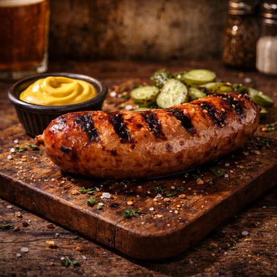 Grilled Sausage With Mustard And Pickles On Wooden Board
