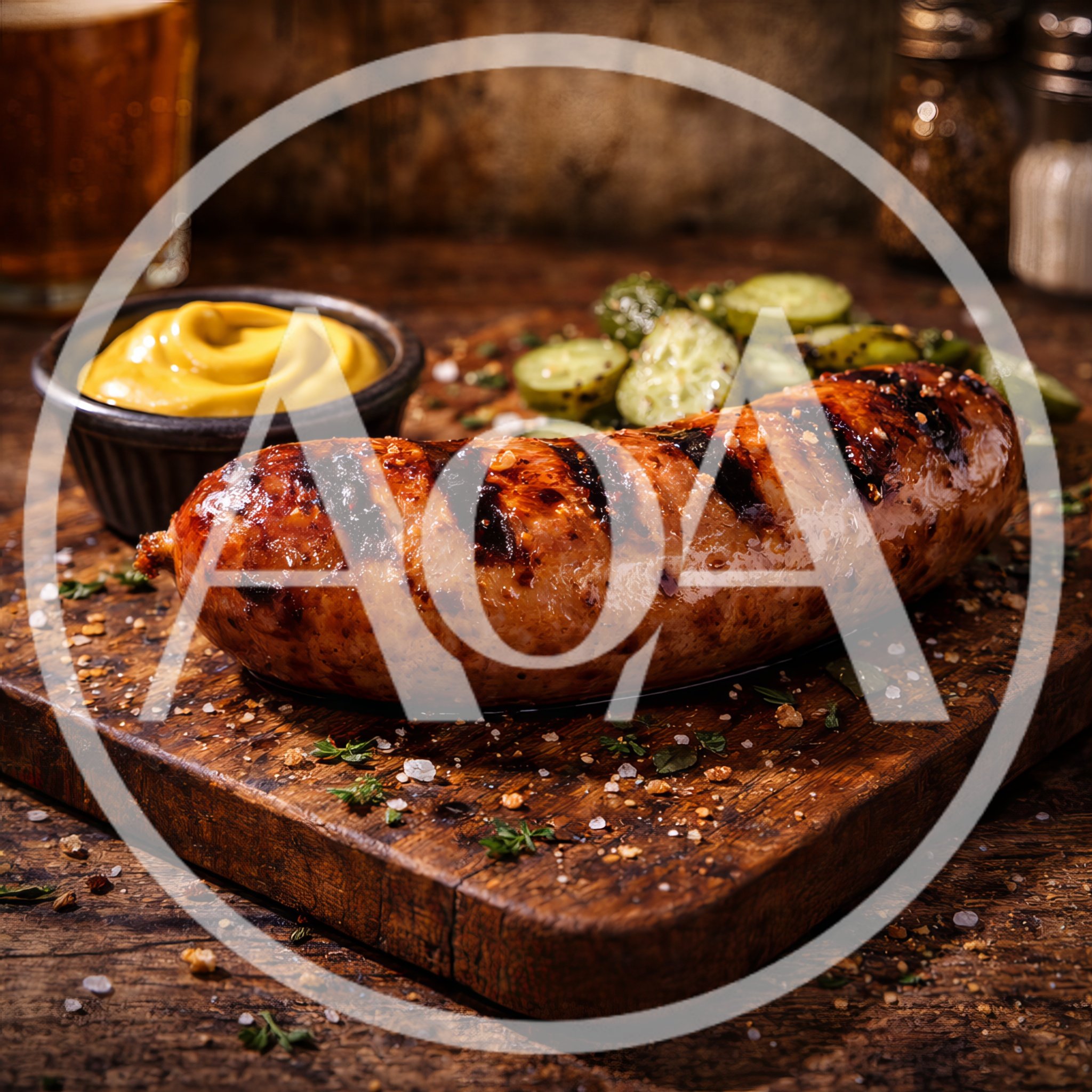 Grilled Sausage With Mustard And Pickles On Wooden Board