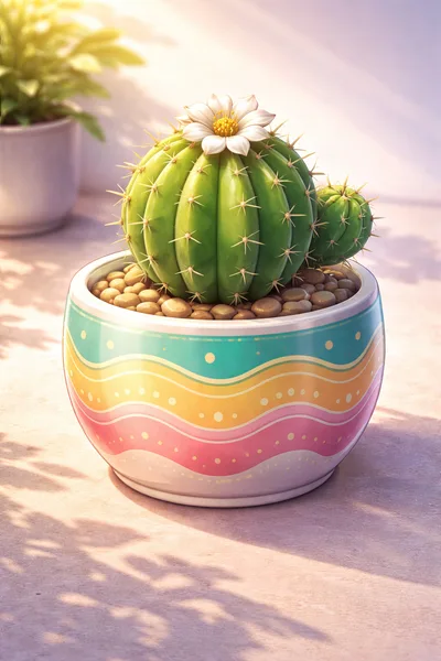 Potted Cactus With A Blooming Flower