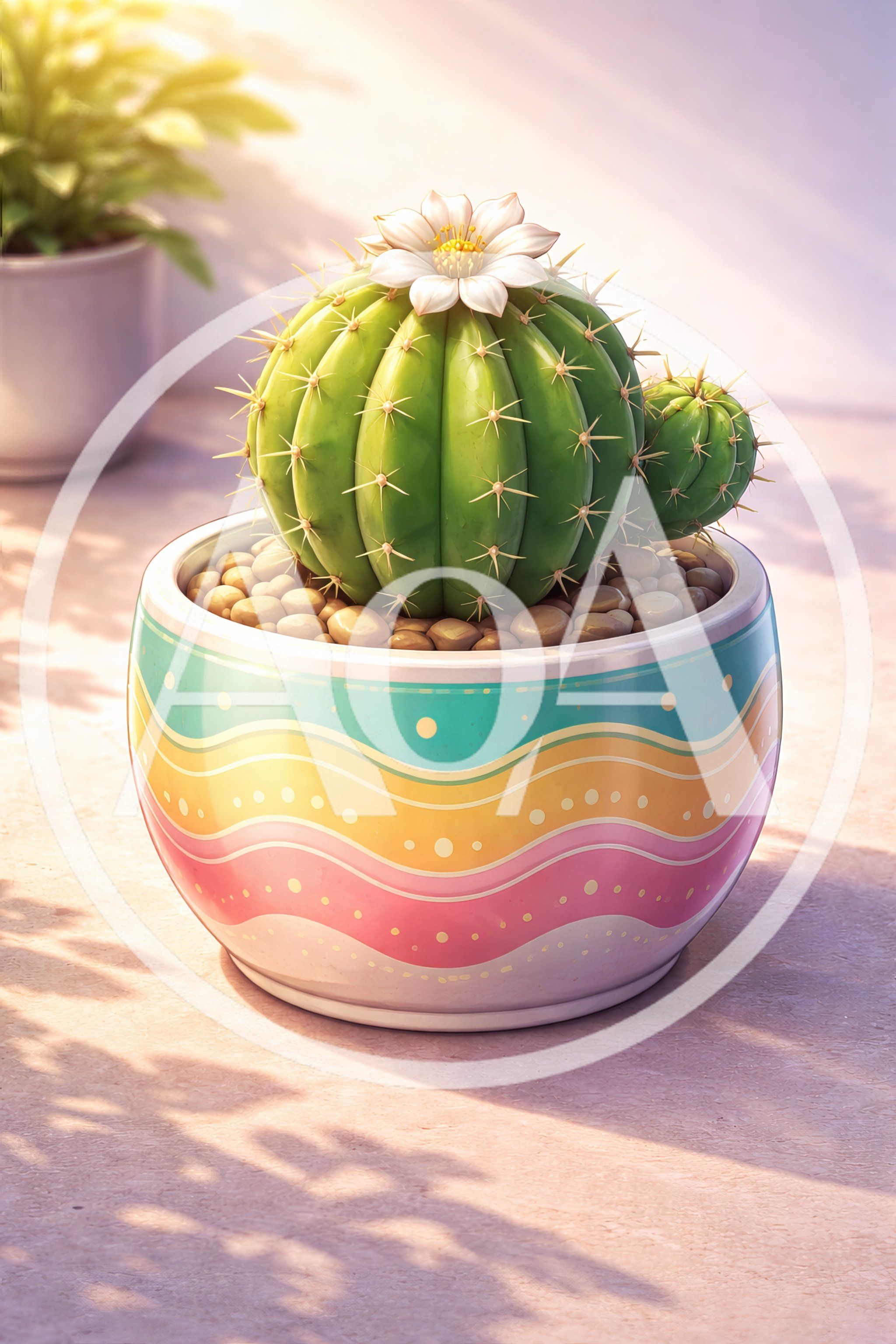 Potted Cactus With A Blooming Flower