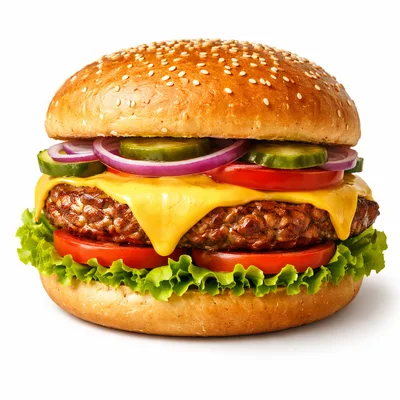 Classic Cheeseburger With Fresh Vegetables On White Background