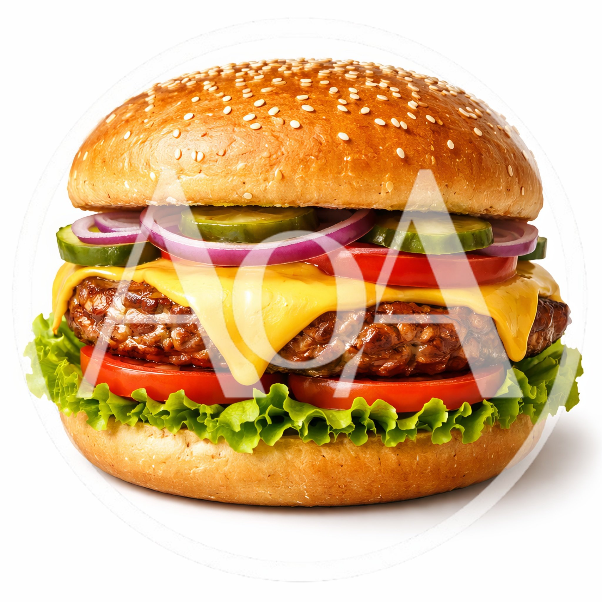 Classic Cheeseburger With Fresh Vegetables On White Background