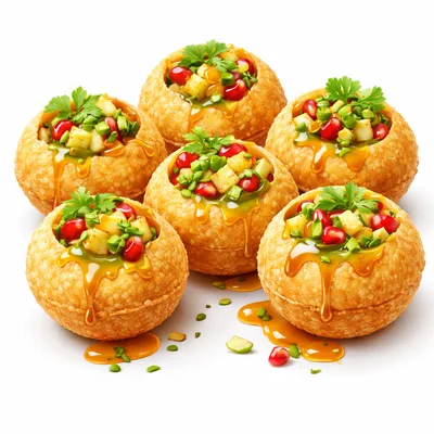 Five Crispy Pani Puri Snacks With Pomegranate And Herbs