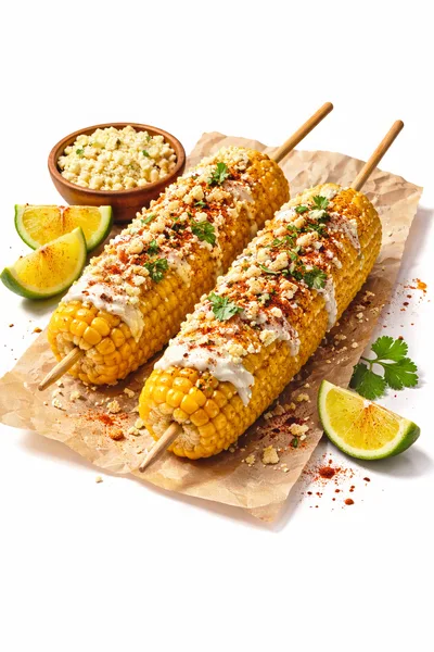 Two Grilled Mexican Street Corn Cobs on Skewers