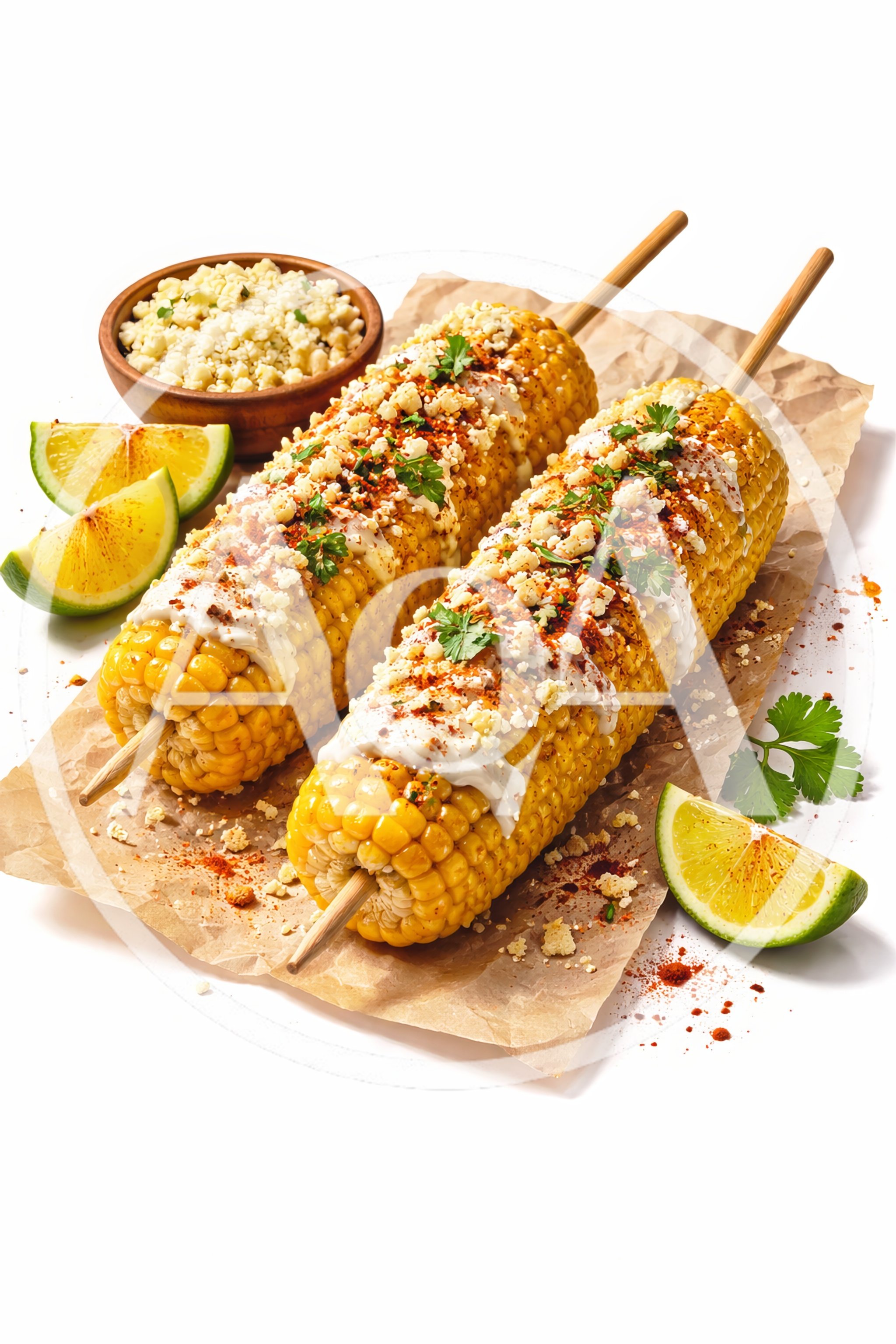 Two Grilled Mexican Street Corn Cobs on Skewers